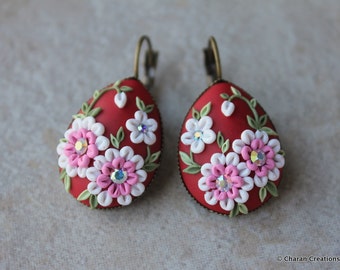 Gorgeous Polymer Clay Applique Statement Earrings in Red, White and Pink