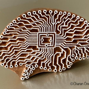Sello de cerámica, sello de jabón, sello textil, sello de madera india tallado a mano, sello de impresión en bloque - Digital/Circuit Brain