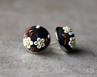 Lovely Polymer Clay Applique Statement Stud Earrings in Black and White