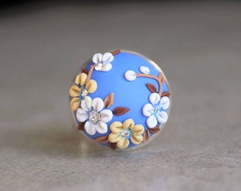 Hand sculpted Polymer Clay Applique Statement Ring in Periwinkle and White