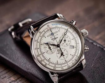 Mens Vintage Zeppelin Chronograph Quartz Watch White Dial Arabic Numeral Brown Leather Tachymeter Business Casual Gift For Him