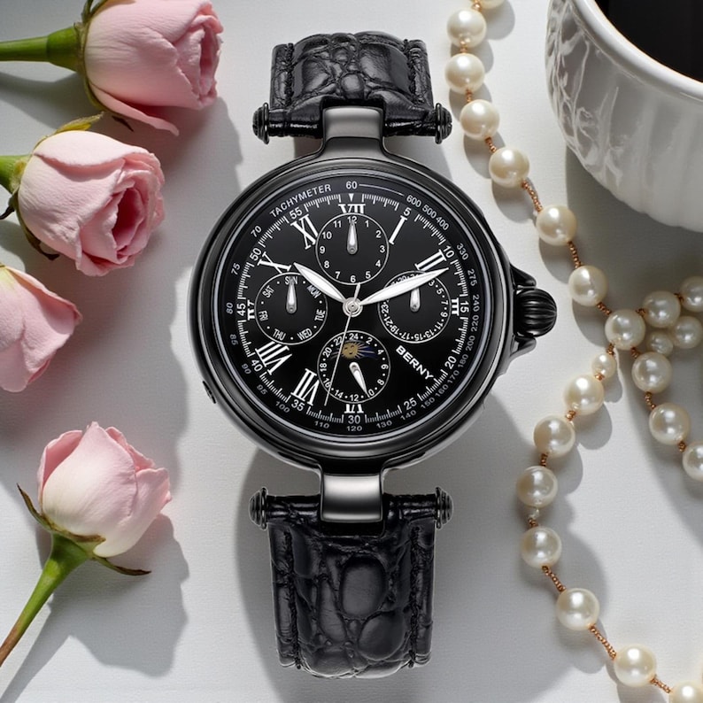 May include: A black wristwatch with a leather band and a detailed black face. The watch features multiple sub-dials, Roman numerals, and white hands. The watch is surrounded by pink roses and a pearl necklace.