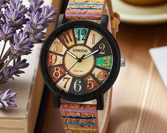 Vintage Style Women's Watch – Colorful Number Dial, Cork Leather Strap