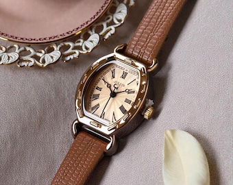 Vintage Damen Lederuhr Kleines Gesicht Quarz Armbanduhr mit braunem Lederarmband Klassisch Minimalist Dress Uhr Geschenk für Sie