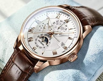 Herren Luxus Mond Phase Multifunktions Quarz Uhr Schwarzes Zifferblatt Kalender Leuchtende Lederband Wasserdicht Celestial Geschenk für Ihn