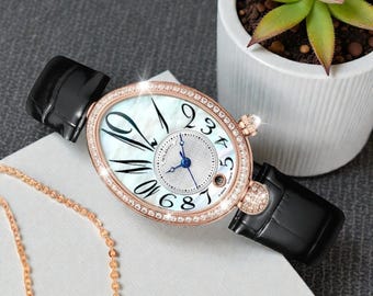 Luxus Automatik Damenuhr Oval Perlmutt Zifferblatt Mechanische Armbanduhr mit Lederband Kalender Elegantes Geschenk für Sie
