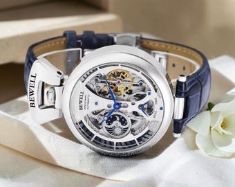 Skeleton Automatische Mechanische Uhr Blau Echtlederband Transparent Zifferblatt Edelstahl Selbstaufzug Luxus Armbanduhr Für Ihn