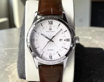 Mens Aviator Pilot Quartz Watch White Dial 24 Hour Roman Numeral Brown Leather Strap Waterproof Business Wristwatch Gift For Him
