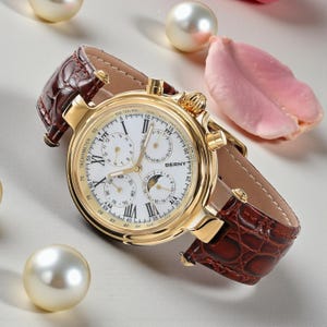 Peut inclure: Une montre-bracelet dorée avec un cadran blanc, des chiffres romains et plusieurs sous-cadrans. Elle est dotée d'un bracelet en cuir marron avec un motif crocodile. Le cadran affiche la marque "BERNY".