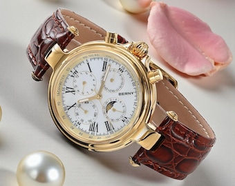 Luxus Automatik Herrenuhr mit Sonnen- und Mondphase Klassische Mechanische Armbanduhr Lederarmband Elegante Anzuguhr Geschenkuhr Für Ihn
