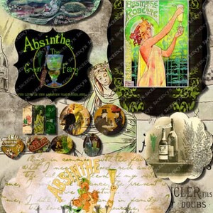 Absinto Colagem Fada Verde La Fee Verte Colagem Mista Art Nouveau Ephemera Folha De Colagem De Arquivo Digital Para Impressão, png