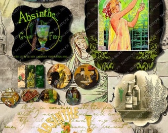Absinthe Collage Green Fairy La Fee Verte Collage Mixed Art Nouveau Ephemera Printable Digital File Collage Sheet PNG