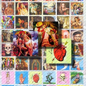 Mexican Art Dia Del Los Muertos  Day of the Dead Loteria  Chicano  Aztec woman DIY  mixed media 1 inch Square Digital Collage Sheet PNG