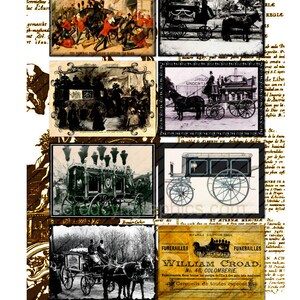 May include: A digital collage of eight vintage images featuring horse-drawn hearses. The images are in black and white and sepia tones and are arranged in a grid pattern. The images are surrounded by a brown border.