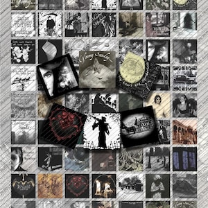 May include: A collage of 36 black and white images with a gothic theme. The images include a clock, a crow, a heart, a silhouette of a person, and the text "Gloomy Sunday".