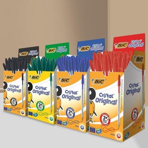 May include: A display of BIC Cristal Original pens in black, green, blue, and red. Each box features the BIC logo and product details. The pens are 1.0mm and come in packs of 50.