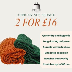 May include: An orange and green African net sponge. The image includes text that says "DUAFE ESSENCE AFRICAN NET SPONGE" and "Quick-dry and hygienic, Long-lasting daily use, Durable woven texture, Exfoliates dead skin, Reaches back easily, Stretches up to 180 cm."