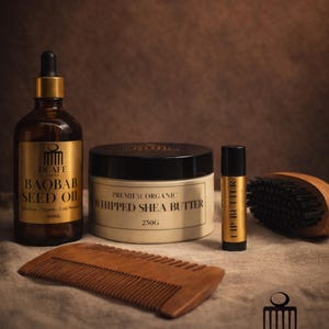 Herrvårdskit - Vispat sheasmör, kallpressad baobabolja för skägg och hår, skäggkam och borste, ekologisk minimalistisk afrikansk hudvård