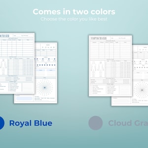 May include: A symptom tracker in two colors: royal blue and cloud gray. The tracker includes sections for recording symptoms, triggers, and other relevant information. The text "Comes in two colors. Choose the color you like best" is displayed.