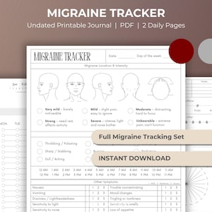 May include: A printable migraine tracker journal with daily and monthly pages. The journal includes sections for tracking pain intensity, location, and other symptoms. The text on the journal says "Migraine Tracker" and "Instant Download".