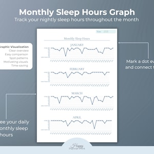 May include: A printable sleep tracker with a blue and white design. The graph displays monthly sleep hours, with space to mark daily data and connect lines. Text includes "Monthly Sleep Hours Graph" and "Track your nightly sleep hours throughout the month."