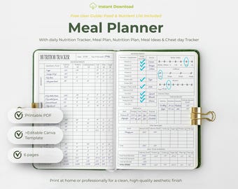 Pianificatore di pasti e monitoraggio nutrizionale in formato PDF stampabile e modificabile / Pianificazione settimanale dei pasti, lista della spesa, preparazione dei pasti, monitoraggio delle calorie