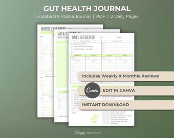 Modello modificabile per diario sulla salute intestinale, monitoraggio delle allergie alimentari per problemi digestivi, diario alimentare, registro delle sensibilità e delle infiammazioni