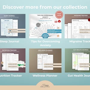 K&ouml;nnte beinhalten: Sammlung druckbarer Planer und Journale, darunter ein Schlaftagebuch, Tipps zur &Uuml;berwindung von Angstzust&auml;nden, ein Migr&auml;ne-Tracker, ein Ern&auml;hrungs-Tracker, ein Wellness-Planer und ein Darmgesundheits-Journal. Auf hellblauem Hintergrund.