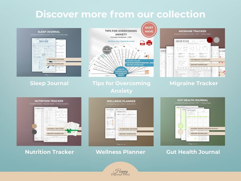 K&ouml;nnte beinhalten: Sammlung druckbarer Planer und Journale, darunter ein Schlaftagebuch, Tipps zur &Uuml;berwindung von Angstzust&auml;nden, ein Migr&auml;ne-Tracker, ein Ern&auml;hrungs-Tracker, ein Wellness-Planer und ein Darmgesundheits-Journal. Auf hellblauem Hintergrund.