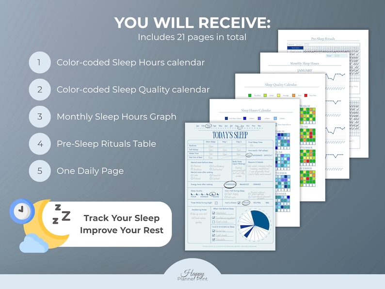 May include: A collection of sleep tracking pages with a blue and white color scheme. The pages include calendars, graphs, and daily logs to track sleep hours, quality, and pre-sleep rituals. Text on the image reads "Track Your Sleep Improve Your Rest."