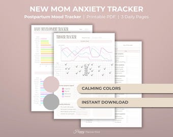 Strumento di monitoraggio quotidiano dei sintomi per l'ansia post-partum, diario stampabile per il benessere materno, registro dello sviluppo del bambino per la salute mentale delle neomamme