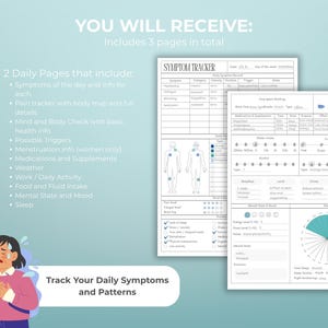 Digital PDF daily health log printable with detailed body map pain tracker mood tracker food and fluid intake and monthly symptom overview for tracking wellness