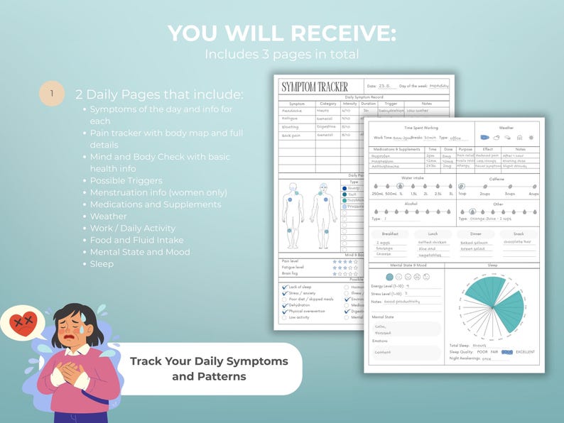 Digital PDF daily health log printable with detailed body map pain tracker mood tracker food and fluid intake and monthly symptom overview for tracking wellness