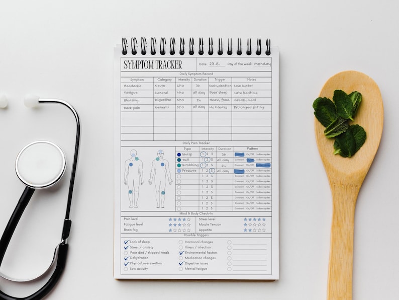 Printable daily symptom tracker pages for chronic illness management including pain mood sleep medication and food intake log for adults wellness journal printable PDF