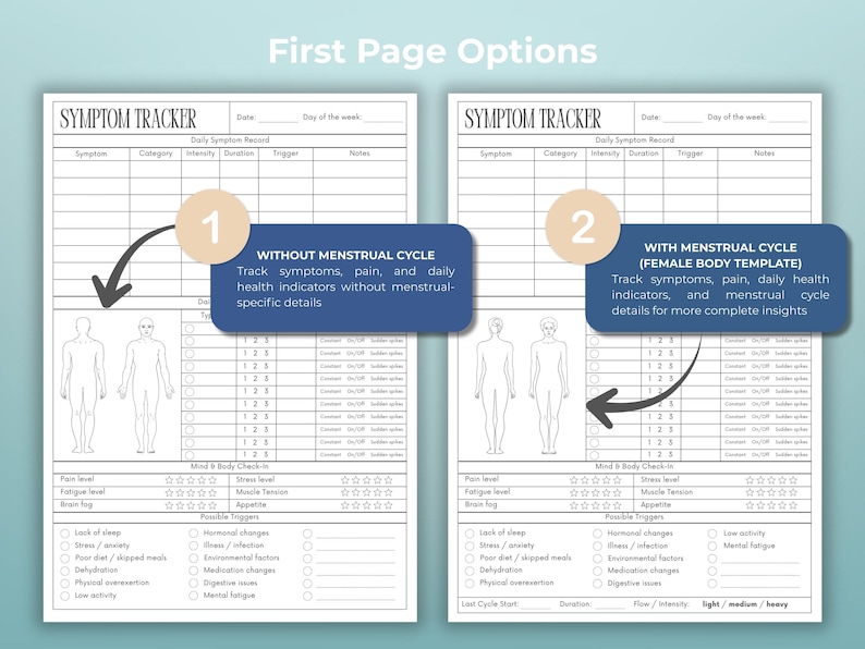 Comprehensive wellness printable journal pages for adults with daily symptom tracking mood medication sleep nutrition and lifestyle monitoring PDF download for personal tracking