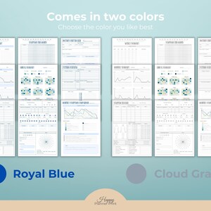 K&ouml;nnte beinhalten: Ein Planer mit verschiedenen Diagrammen und Grafiken, erh&auml;ltlich in zwei Farben: Royalblau und Wolkengrau. Der Text "Comes in two colors" und "Choose the color you like best" ist oben zu sehen. Das Happy Planner Print Logo ist unten.