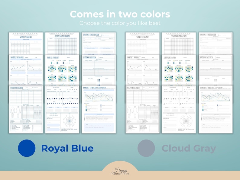 K&ouml;nnte beinhalten: Ein Planer mit verschiedenen Diagrammen und Grafiken, erh&auml;ltlich in zwei Farben: Royalblau und Wolkengrau. Der Text "Comes in two colors" und "Choose the color you like best" ist oben zu sehen. Das Happy Planner Print Logo ist unten.