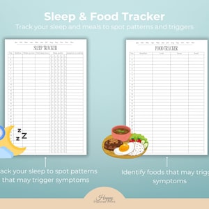 K&ouml;nnte beinhalten: Eine digitale Planerseite mit dem Titel "Sleep & Food Tracker". Sie enth&auml;lt Abschnitte zur Verfolgung von Schlaf und Ern&auml;hrung. Das Bild enth&auml;lt Illustrationen eines Mondes mit einer Uhr und einem Teller mit Essen. Der Text auf dem Bild lautet "Track your sleep and meals to spot patterns and triggers".