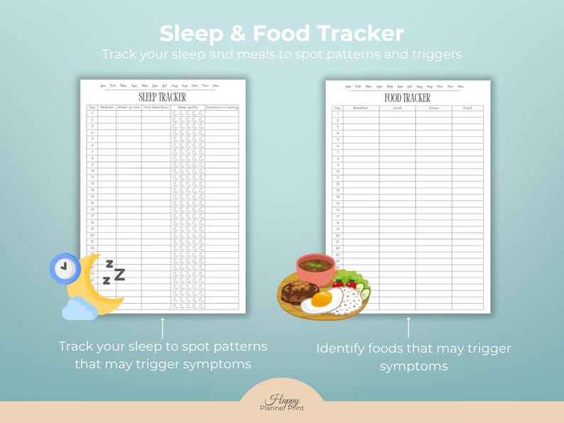 K&ouml;nnte beinhalten: Eine digitale Planerseite mit dem Titel "Sleep & Food Tracker". Sie enth&auml;lt Abschnitte zur Verfolgung von Schlaf und Ern&auml;hrung. Das Bild enth&auml;lt Illustrationen eines Mondes mit einer Uhr und einem Teller mit Essen. Der Text auf dem Bild lautet "Track your sleep and meals to spot patterns and triggers".