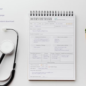 May include: A white spiral-bound Doctor's Visit Tracker notepad with a stethoscope and wooden spoon. The notepad includes sections for appointment details, symptoms, questions, and medications. The text "DOCTOR'S VISIT TRACKER" is at the top.