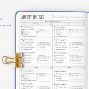 May include: Anxiety tracker journal with a blue cover, gold binder clip, and the text "ANXIETY TRACKER." The journal includes sections for daily symptom records, feelings, and things to do. It is a PDF with 13 pages and is available for instant download.