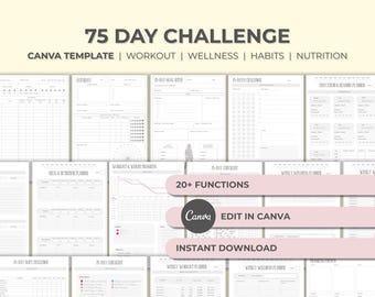 Editable 75 Day Challenge Template 75 Days Tracker Fitness Workout Planner Habit Checklist Canva Wellness Journal