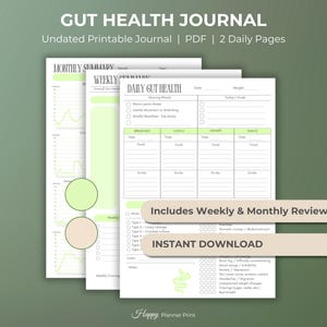 Puede incluir: Un diario imprimible de salud intestinal con páginas de revisión semanales y mensuales. El diario incluye páginas diarias para rastrear comidas y síntomas. El texto del diario dice "Gut Health Journal" y "Descarga instantánea".