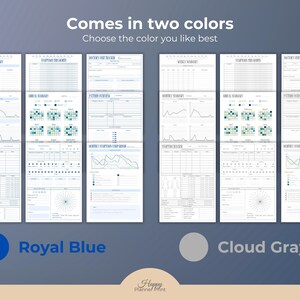 Puede incluir: P&aacute;ginas de planificador digital en azul real y gris nube. Las p&aacute;ginas incluyen secciones para seguimiento semanal, mensual y de inicio, as&iacute; como registros de visitas al m&eacute;dico. El texto dice: "Viene en dos colores. Elige el color que m&aacute;s te guste."