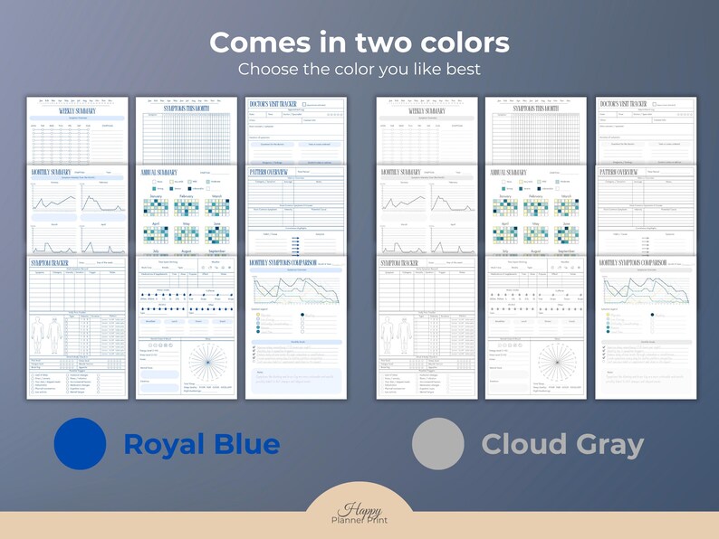 Puede incluir: P&aacute;ginas de planificador digital en azul real y gris nube. Las p&aacute;ginas incluyen secciones para seguimiento semanal, mensual y de inicio, as&iacute; como registros de visitas al m&eacute;dico. El texto dice: "Viene en dos colores. Elige el color que m&aacute;s te guste."