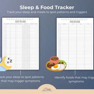 Puede incluir: Un rastreador imprimible de sue&ntilde;o y alimentos con el texto "Sleep & Food Tracker" y "Track your sleep and meals to spot patterns and triggers". El rastreador incluye un registro de sue&ntilde;o y un registro de alimentos. Una luna y un reloj de dibujos animados est&aacute;n a la izquierda. Un plato de comida est&aacute; a la derecha.