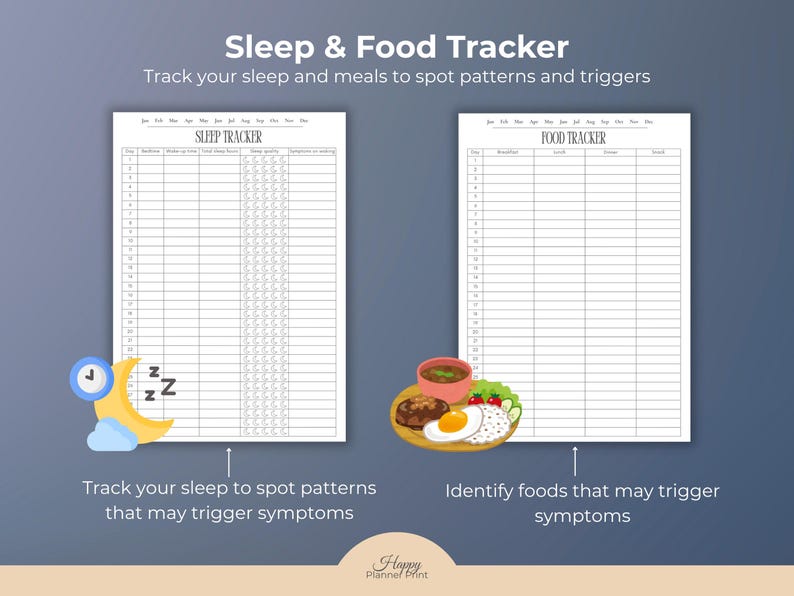 Puede incluir: Un rastreador imprimible de sue&ntilde;o y alimentos con el texto "Sleep & Food Tracker" y "Track your sleep and meals to spot patterns and triggers". El rastreador incluye un registro de sue&ntilde;o y un registro de alimentos. Una luna y un reloj de dibujos animados est&aacute;n a la izquierda. Un plato de comida est&aacute; a la derecha.