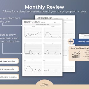 Puede incluir: Una p&aacute;gina de planificador con el texto "Monthly Review" y "Monthly Summary". La p&aacute;gina permite una representaci&oacute;n visual del estado diario de los s&iacute;ntomas. Incluye una tabla de s&iacute;ntomas mensuales y beneficios de la visualizaci&oacute;n gr&aacute;fica.