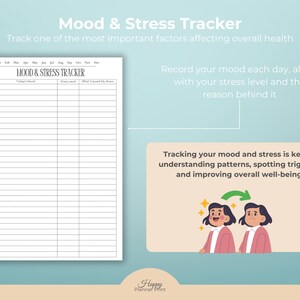 K&ouml;nnte beinhalten: Ein druckbarer Stimmungs- und Stress-Tracker mit hellblauem Hintergrund. Der Tracker enth&auml;lt Abschnitte f&uuml;r die t&auml;gliche Stimmung, den Stresslevel und die Ursachen. Das Bild enth&auml;lt auch Text &uuml;ber die Verfolgung von Stimmung und Stress f&uuml;r das Wohlbefinden.