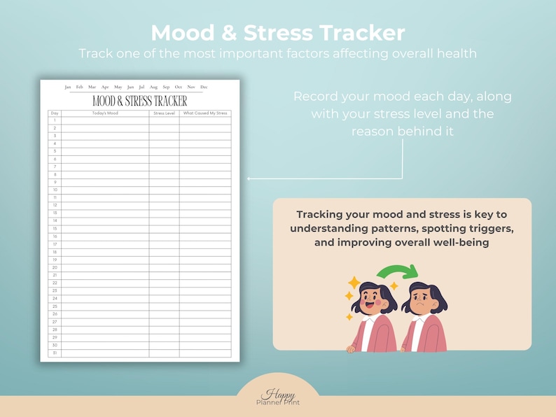 K&ouml;nnte beinhalten: Ein druckbarer Stimmungs- und Stress-Tracker mit hellblauem Hintergrund. Der Tracker enth&auml;lt Abschnitte f&uuml;r die t&auml;gliche Stimmung, den Stresslevel und die Ursachen. Das Bild enth&auml;lt auch Text &uuml;ber die Verfolgung von Stimmung und Stress f&uuml;r das Wohlbefinden.